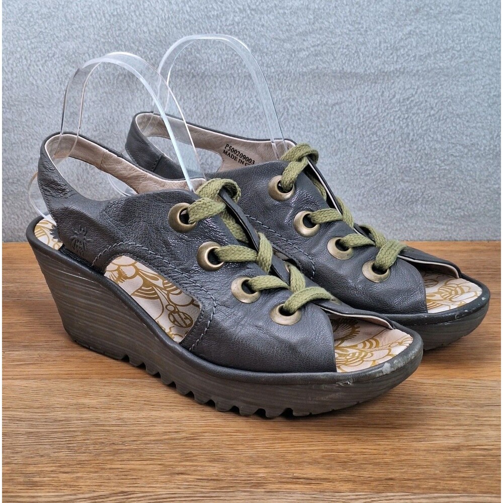 Fly London Ylfa Women's 9 EU 40 Lace-Up Wedge Sandals Gray Metallic Leather